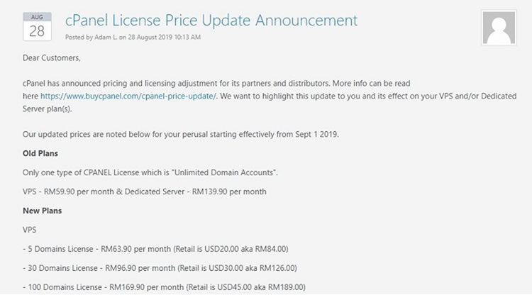 cpanel license fee changes