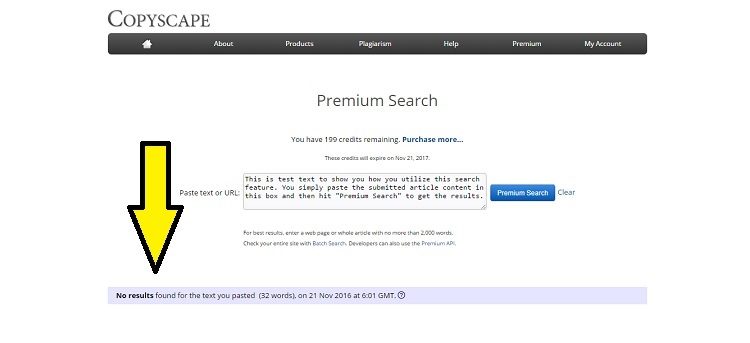 copyscape premium search sample text results