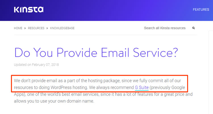 Kinsta does not provide email service