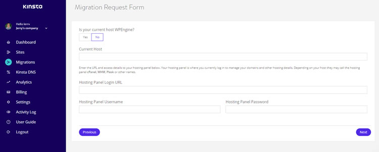 Kinsta migration  request form