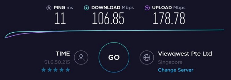 TorGuard speed test result from Asia server. Ping=11ms, download=106.85Mbps, upload=178.78Mbps