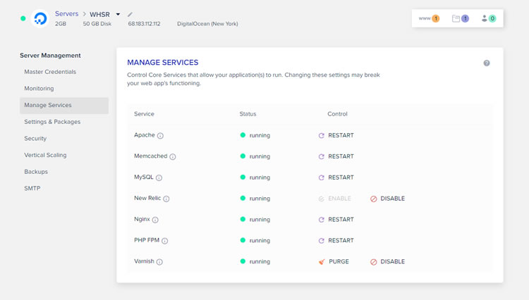 Manage core services for each server using the 