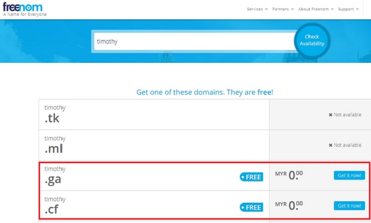 Screenshot of free domain name options at Freenom. 