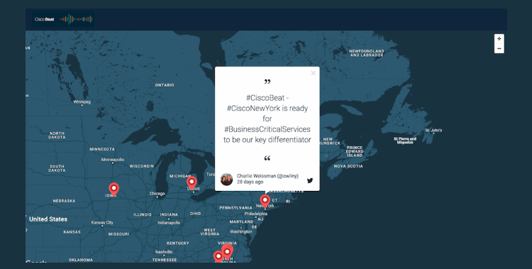 One great example of an effective social wall was in the Cisco employee hashtag campaign. It made great use of a unifying theme with a world map and pulled together tweets from all around the world demonstrating good engagement.