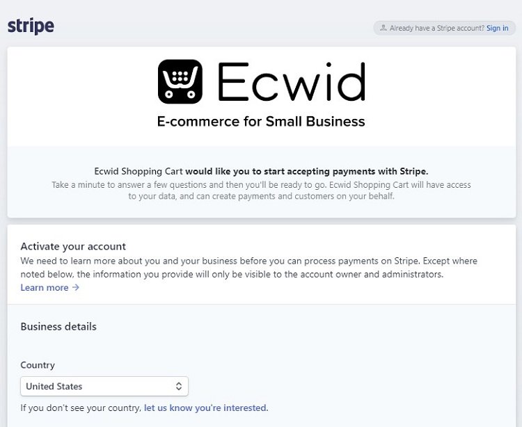 Ecwid integrates the third-party payments sign-up under its own brand umbrella.