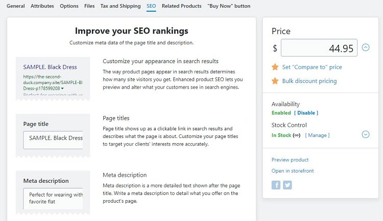 Modify SEO settings on individual products in Ecwid 