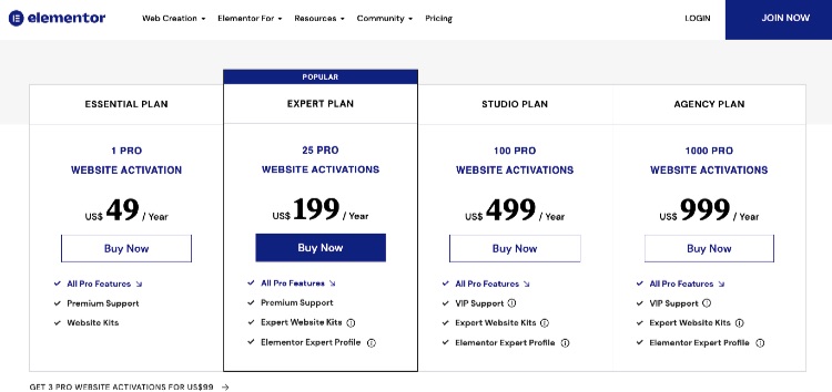 Elementor plans and pricing.