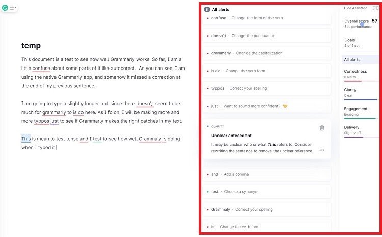 Text correction in grammarly - user dashboard view