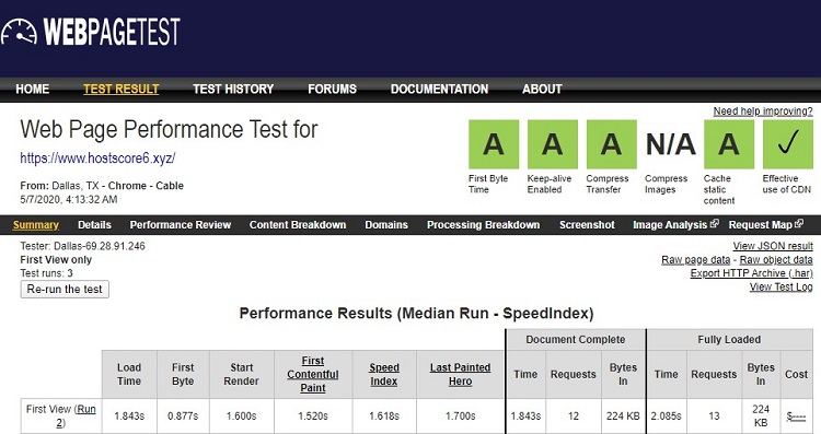 WebPageTest speed result
