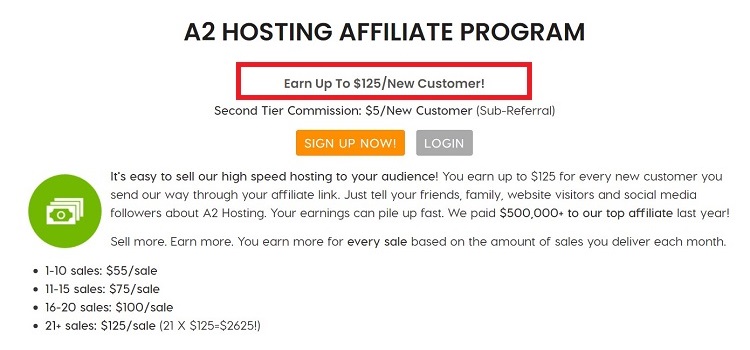 A2 Hosting offers affiliate commissions of up to $125 per sale.
