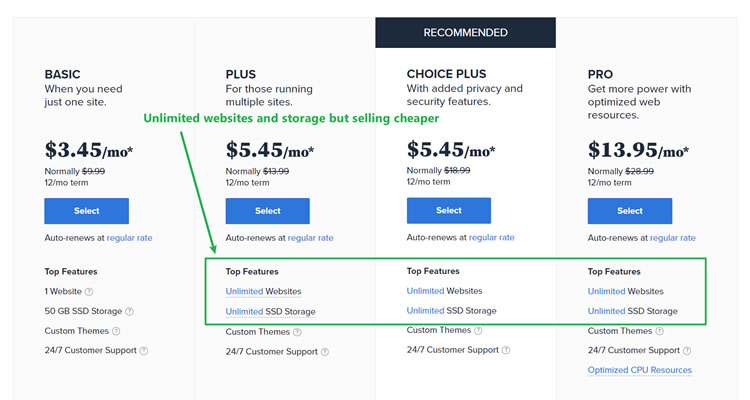 Example: BlueHost Unlimited Hosting Plans - Unlimited resources but cost cheaper.