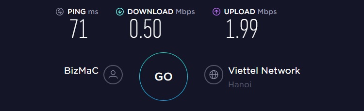 CyberGhost VPN speed test result from Vietnam server
Ping=71ms, download=0.50Mbps, upload=1.99Mbps.