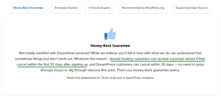 DreamHost offer new customers 97-day full refund on shared hosting plans.
