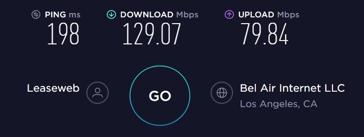 ExpressVPN speed test results from their US server. Ping = 198 ms, download = 129.06 Mbps, upload = 79.84 Mbps.