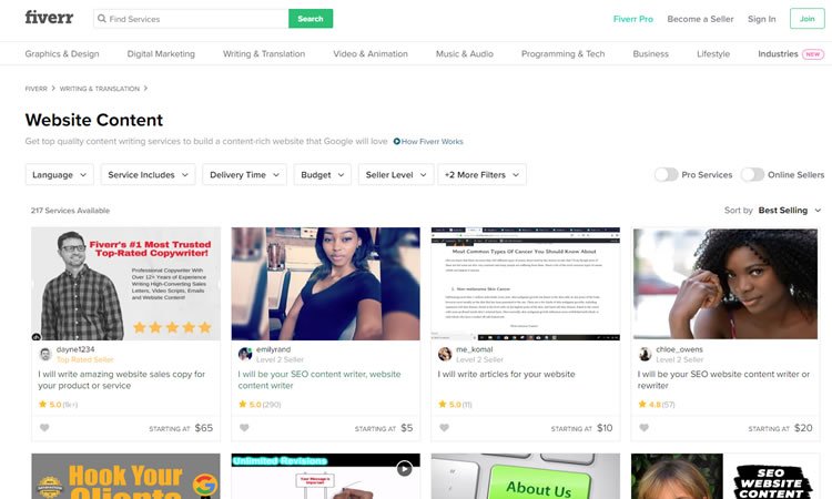 Fiverr talents in website content - hire freelance writers to create new content for your website