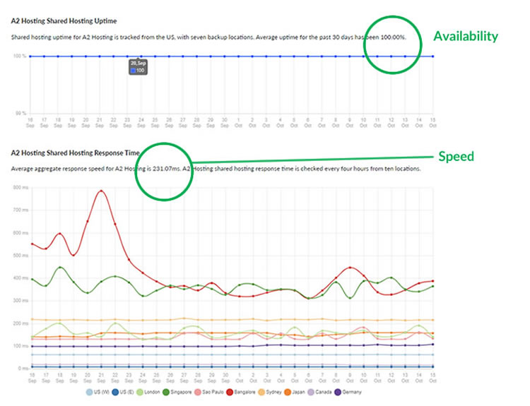   "Server Speed" and "Availability" are the two server performance data we collect at our sister site HostScore.