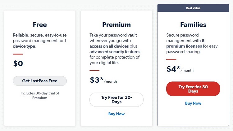LastPass Single users and families pricing