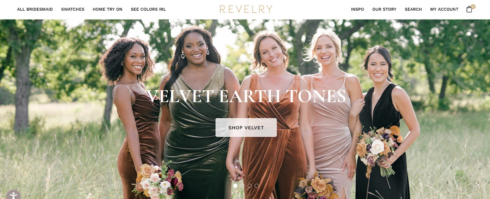 For example, Revelry sells bridesmaid dresses in numerous sizes, colors, and styles. Their homepage shows five women in varying sizes wearing different dresses against a visually-appealing background. 