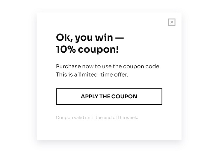 Popup designed to promote coupon codes in Shopify