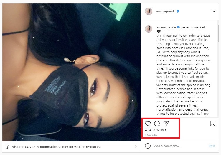 Ariana Grand has over 400m followers, resulting in a very high engagement count on her Instagram posts.