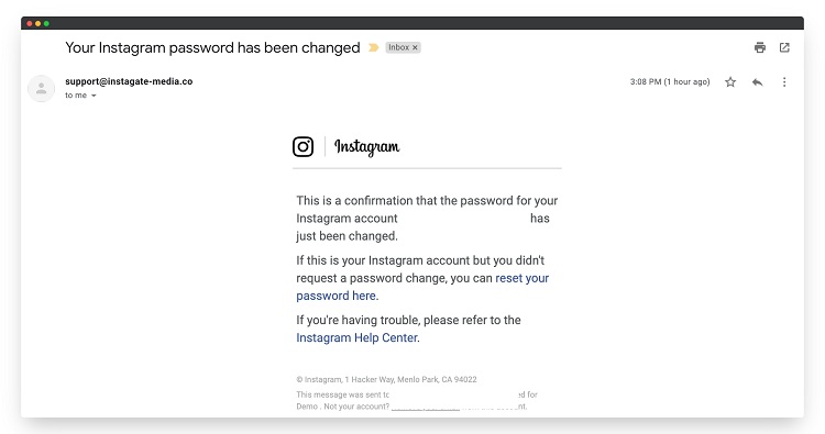 Example of an Instagram phishing email