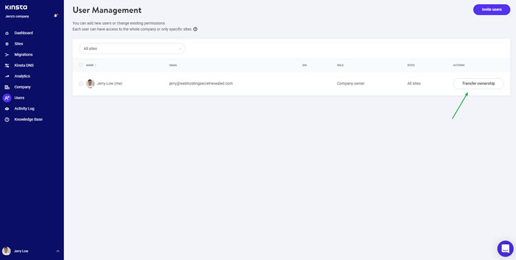 Kinsta user dashboard - Demo transfer user ownership feature - best for developers and agencies