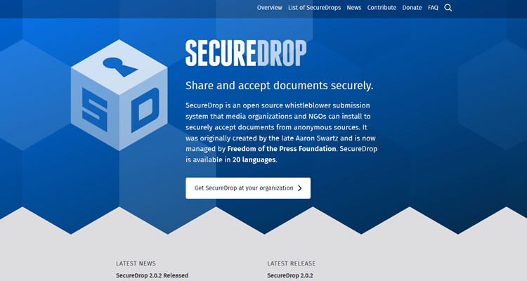 Screenshot of SecureDrop on the Dark Web.