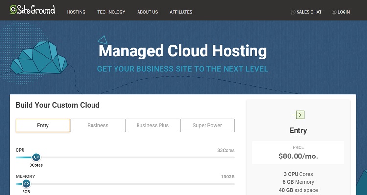 SiteGround managed cloud hosting packages start from $80/mo