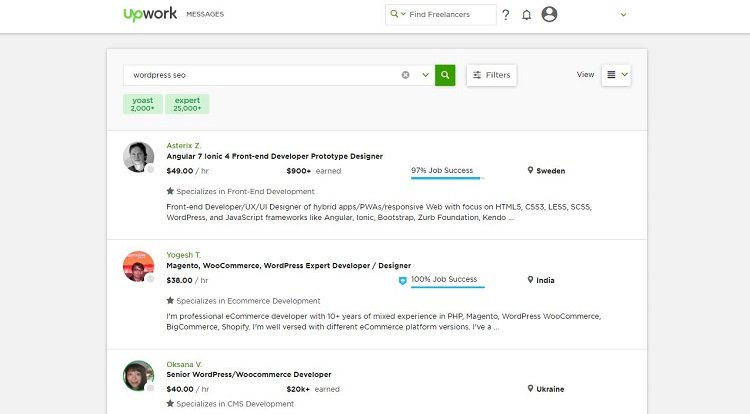 Demo - A search for SEO at Upwork.com