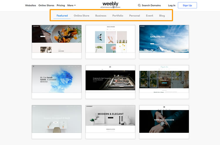 Weebly themes for different types of sites.