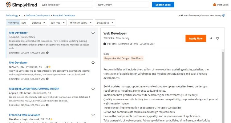 Example - Web developer jobs listing at SimplyHired.